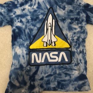 blue and white tie die nasa shirt